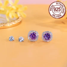 Square Halo Purple Round Cubic Zirconia Sterling Silver 925 Women Stud Earrings
