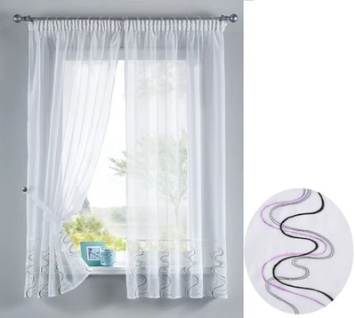 Stickerei Gardinen Set 4 Tlg. Tunneldurchzug Voile Welle Lila HxB 150x90 cm - Bild 1 von 4