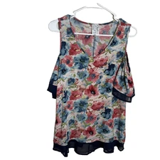 Naif Blouse Women's Medium Floral Cold Shoulder Short Sleeve Ruffle Mesh Top