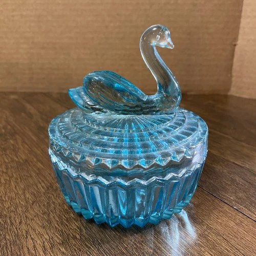 Vintage Jeanette Teal Blue Glass Swan Shaped Lid Candy Dish Decor (Small Chips)