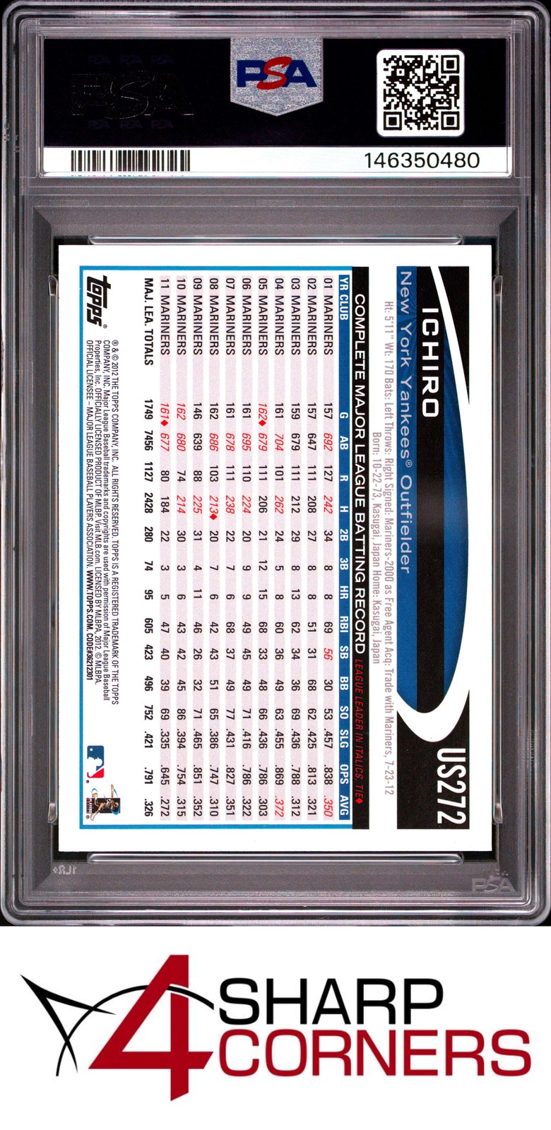 2012 TOPPS UPDATE #US272 ICHIRO SUZUKI YANKEES HOF PSA 10 view 2