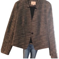 Ann Taylor LOFT Womens Black White Tweed Woven Single Button Blazer Jacket 8