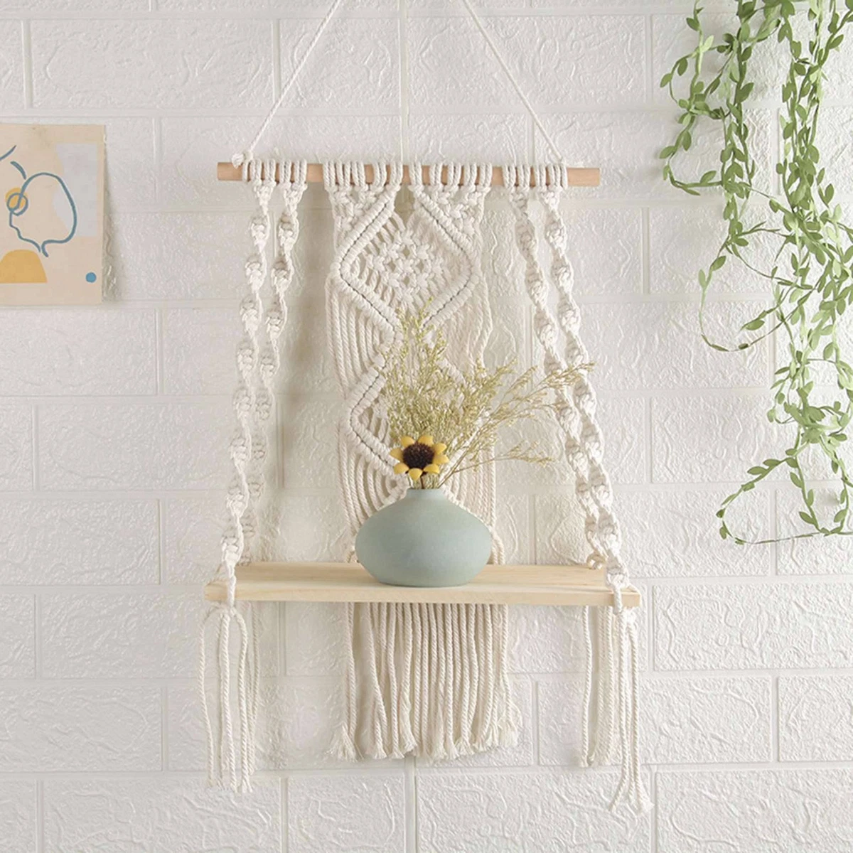 2X Boho Macrame Wall Hanging Shelf Handmade Woven Tassel Tapestry Rack Wood3840
