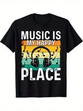Music Is My Happy Place Vintage Graphic T-Shirt Retro Music Notes Headphones