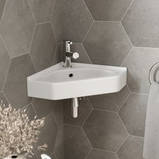 Cloakroom Corner Wall Hung Basin Bathroom Sink Hand Wash 1 Tap Hole White Modern
