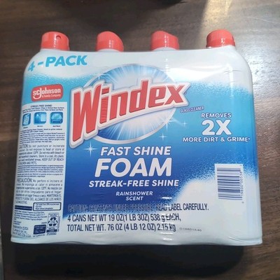 Windex Foam Glass Cleaner Fast Shine Streak-Free Rainshower Scent, 19 oz, 4-pack