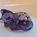 Fenton Purple Glass Cat Figurine K. Brightbill Signed Floral Hand Painted USA