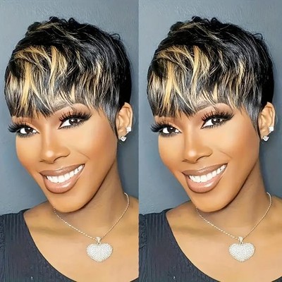 Short Pixie Cut Human Hair Wig for Black Women and with Blonde 