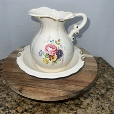 Vintage Floral White 6” Pitcher & 8” Wash Basin Pink, Blue, Yellow Flowers Gold