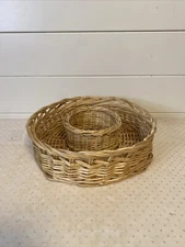 Large Vintage Rattan Wicker Chip and Dip Basket-Round Woven Server Tray Boho G.C