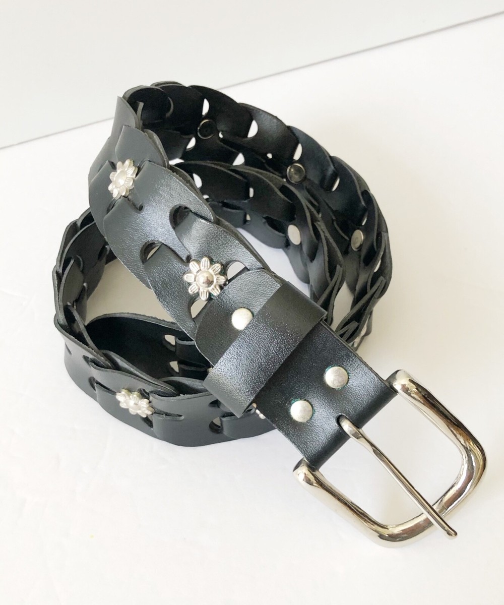 Women’s Black Leather Whipstitch Belt 2” Wide Bead Flowers Silver M Shyanne Women main image 4