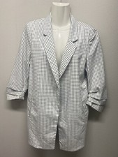 Rachel Zoe Open Front Blazer Women's S White Black Check 3/4 Sleeve Ruche Size L