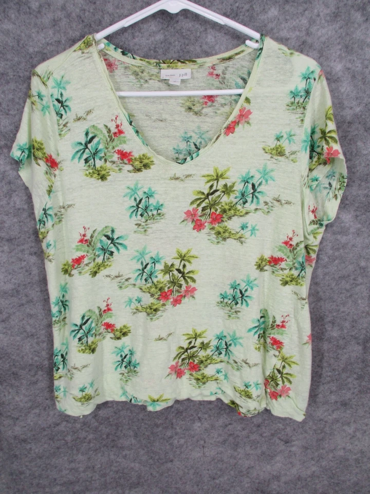 J. Jill 女式衬衫绿色 XL Love 亚麻热带花卉弹力 V 领 — 第 2/4 张图片