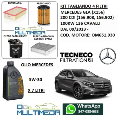 TECNECO KIT TAGLIANDO 4 FILTRI OLIO ORIGINALE 5W30 MERCEDES GLA 200 CDI 100KW 136 CV