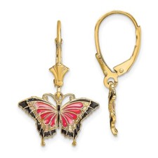 14k Yellow Gold Pink Enameled Butterfly Leverback Earrings 1.77g for Women