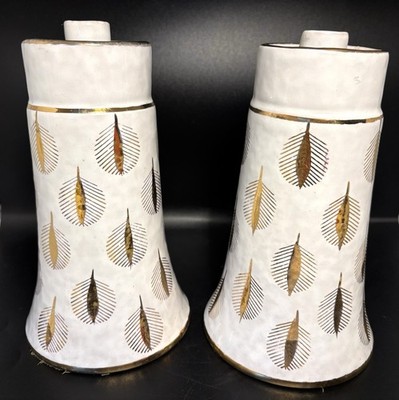 Vintage Bitossi Pottery Set Of 2 Taper Candlestick Holders Gold Feather Painted