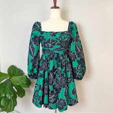CAROLINE CONSTAS Women Size S Green Floral Square Neck Balloon Sleeve Mini Dress