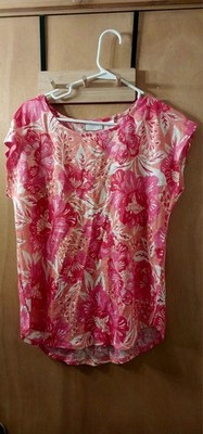 NWT Sz M Sigrid Olsen Top Linen Colorful Floral Cottagecore Peasant Boho T Shirt