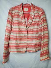 Loft Ann Taylor Women's Red And Cream Striped Linen Blend Blazer Size 14