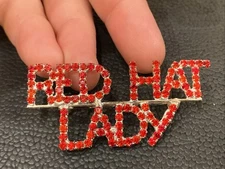 VTG Red Hat Society Lady Spell Out Brooch Pin Silver Tone Rhinestone Crystals