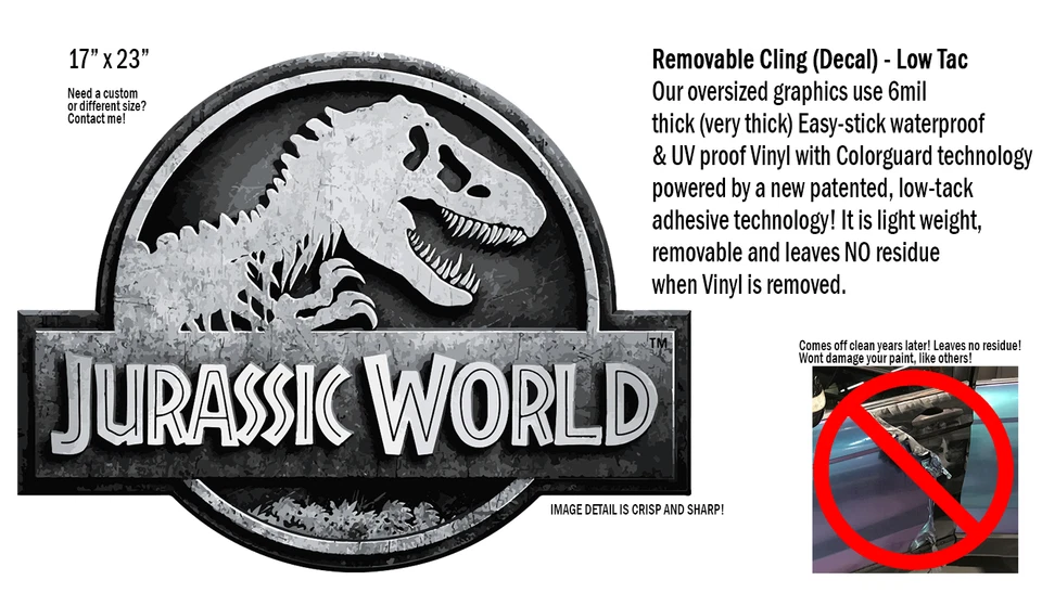 Jurassic World VINYL CLING! 2 water/UV proof Removal decals for your Car! Foto 2 de 4