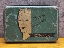 VINTAGE DEMET’S CHICAGO ASSORTMENT TEAL GREEN/BLUE CANDY TIN CHICAGO IL DECOR