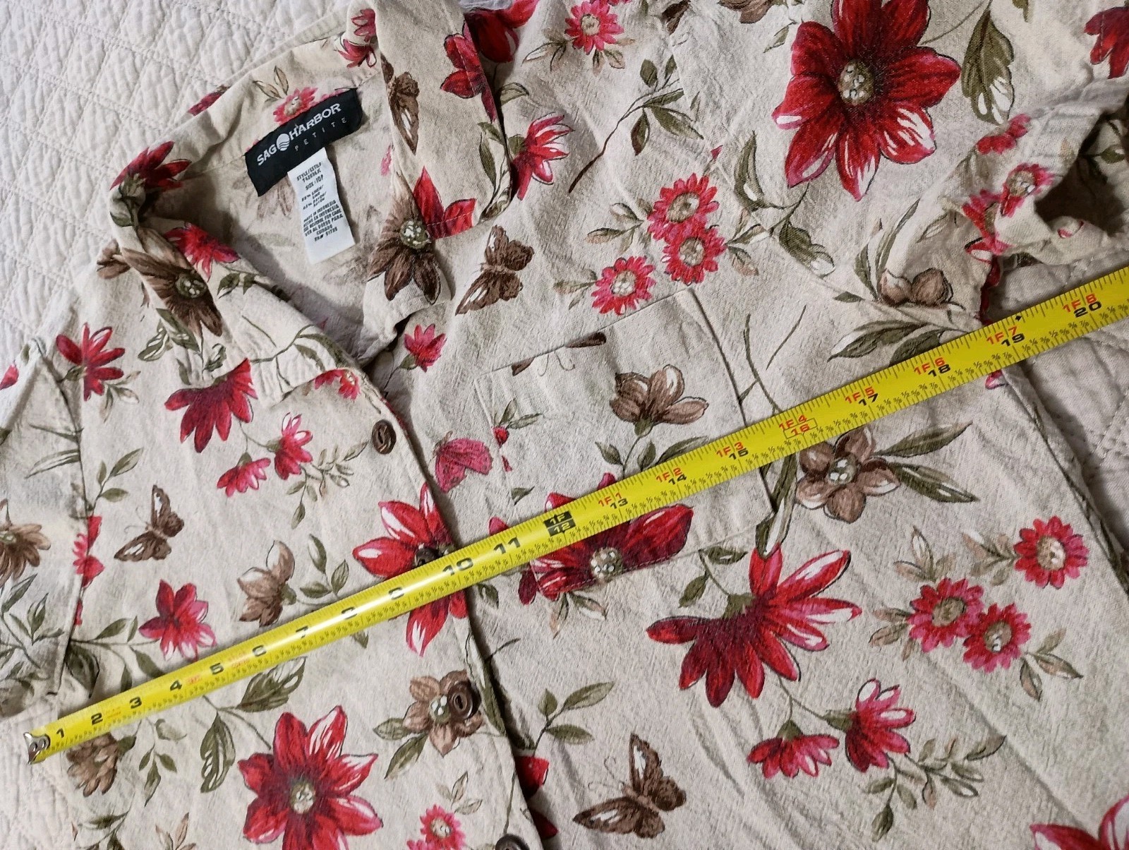 Vtg Sag Harbor Petites Sz 10P Casual 2 pc SS Beige Floral Crop Pant Set image 7