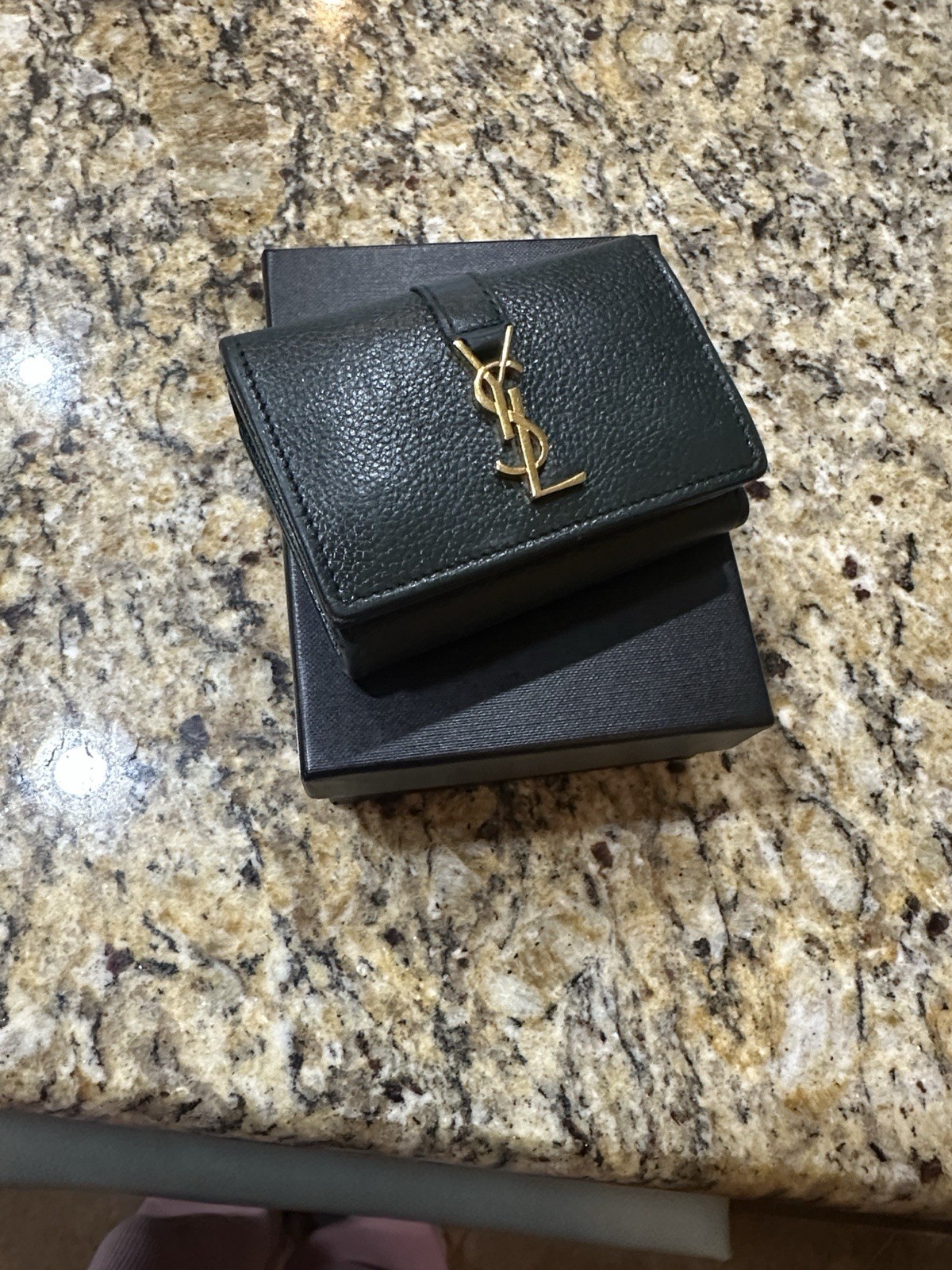 YSL Saint Laurent Dark Green Or Black Compact Wallet with Box - Coin Holder