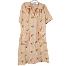 Vintage Smart Time Nightgown House Dress Peach Floral Button Down Midi Size M