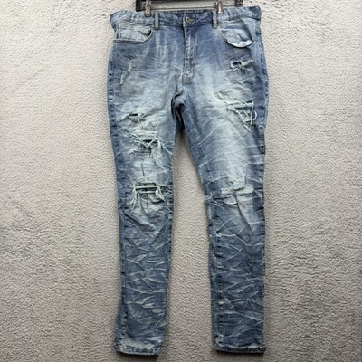 Smoke Rise Jeans Men 38x32 Blue Straight Destroyed Distressed Tie Dye Grunge