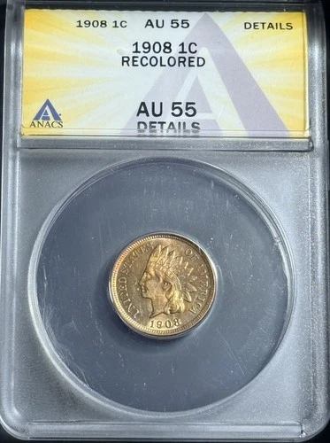 ANACS 1908 INDIAN HEAD CENT 1c. AU55 Details-Recolored. Diamonds In Ribbon! Rare