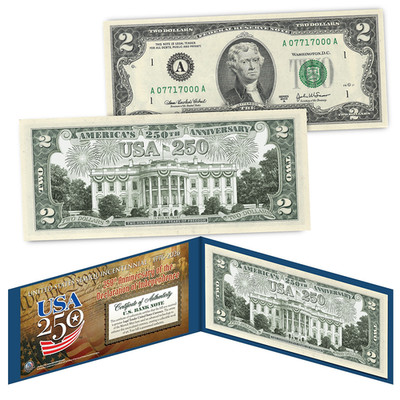 ''White House'' Legal Tender $2 Bill   USA 250th Collector's Edition