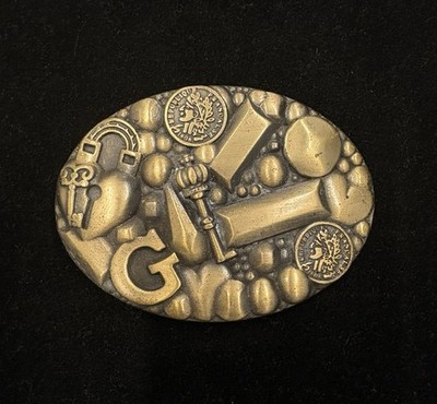 vintage bras toned oval belt buckle 3D collage design key heart shape and G RARE