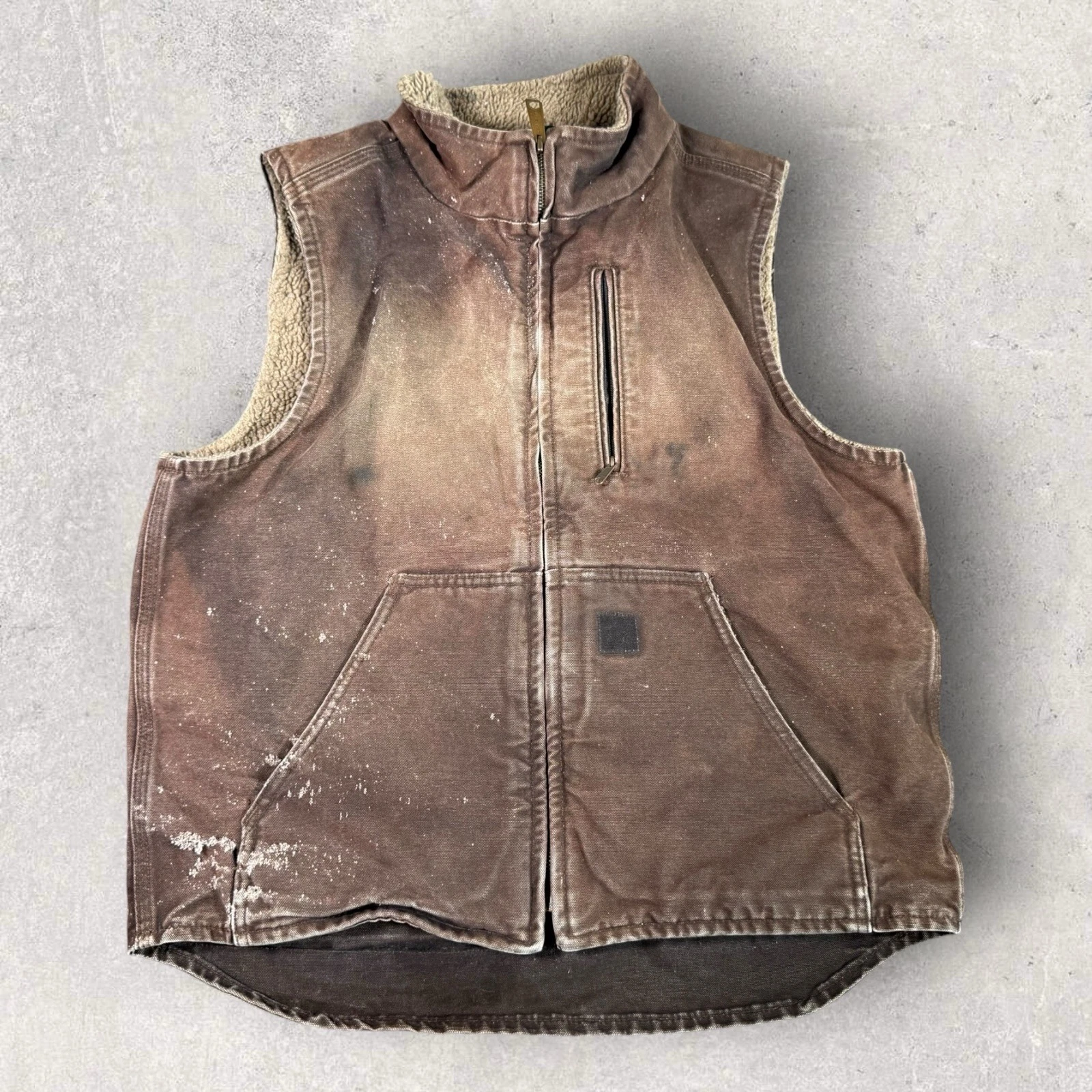 Vintage Carhartt Vest Brown Sherpa Lined V33-DKB Distressed Sun Faded Size M