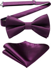 Mens Bow Ties Solid Color Pre Tied Bowtie and Pocket Square Set Classic Formal T