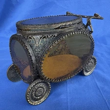 VINTAGE ORMOLU REGENCY AMBER BEVELED GLASS FILIGREE CARRIAGE TRINKET Jewelry BOX