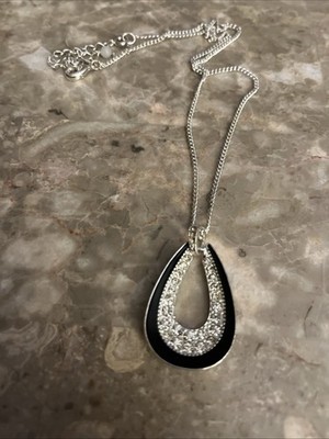 SilverTone Black Enamel Rhinestone Slide Pendant Necklace Tag SHA 16  Plus 3  Ex