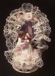 Vintage 70’s-80’s Wedding Cake Topper Bride Groom Lace, Heart, Silk Flowers