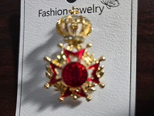 Royal Crown Fashion Pin Red EBANEL & Gold Tone NEW RARE PIN IN SHIPPING FREE