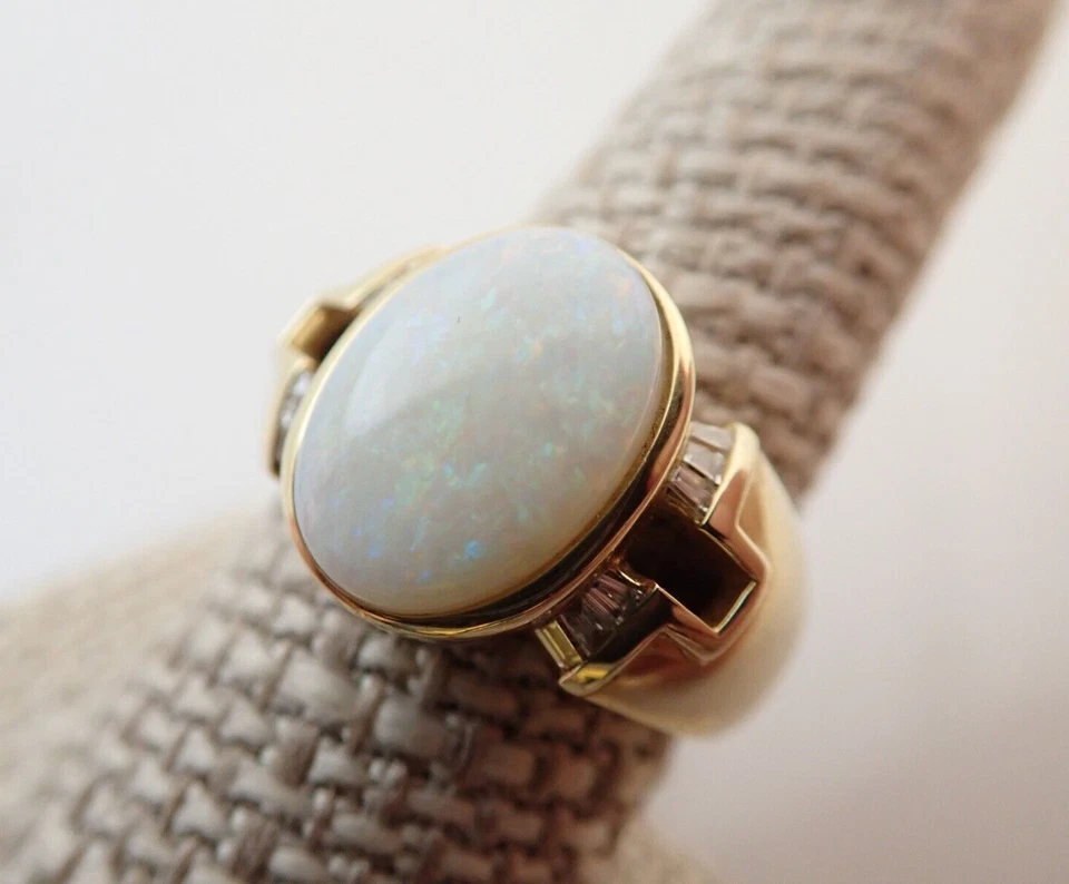 Anillo de oro amarillo macizo de 14 k LAURA RAMSEY LR ópalo cabujón banda diamantes talla 9,25 Foto 4 de 4