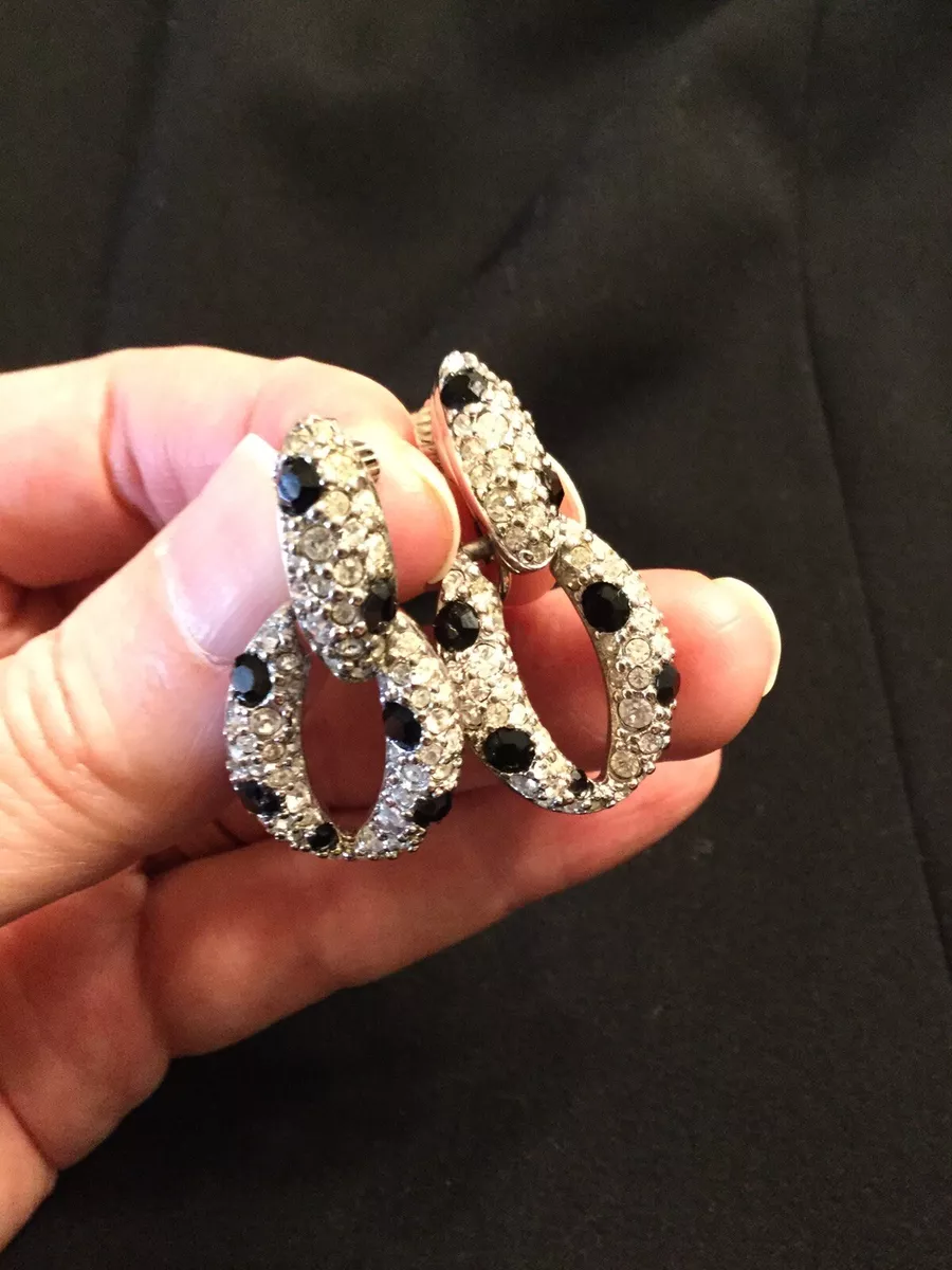 Swarovski Black and White Crystal Clip On Earrings with Swan