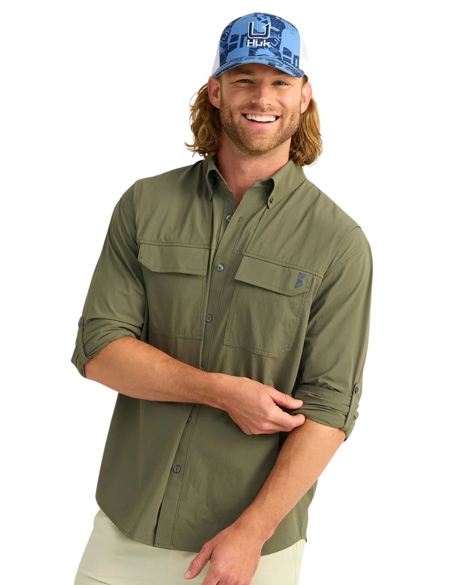 Huk Creekbed Long Sleeve Men's Button Down Shirt, Moss, X-Large