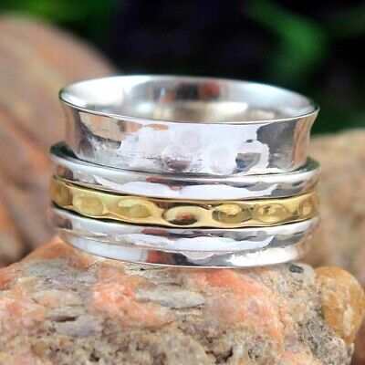 Wide band spinner fidget two tone solid 925 silver ring Jewelry all sizes av0040