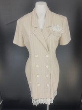 Vtg 80s 90s By Choice Womens Dress SZ S Beige Lace Double Breasted V Neck Sheath