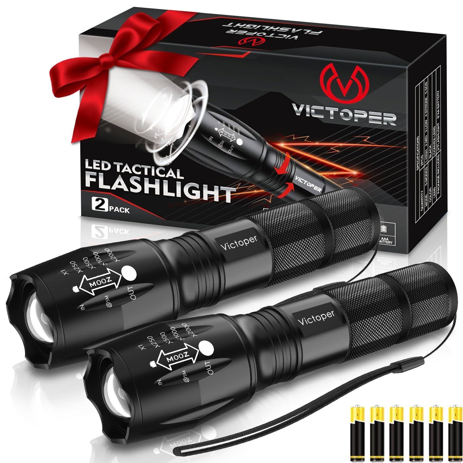 LED Flashlight 2 Pack Bright 2000 Lumens Tactical Flashlights High Lumens wit...