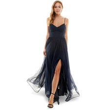 Speechless Juniors Navy Tulle Pleated Bodice Gown Dress | 13