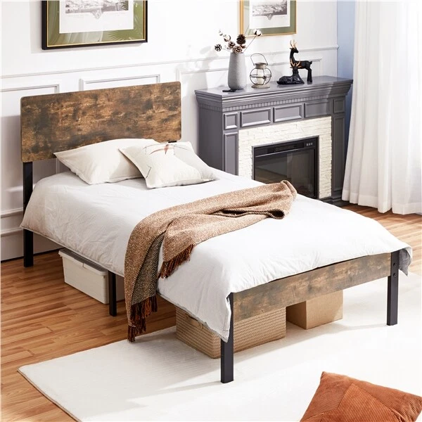 Used Twin Size Metal Bed Frame with Wooden Headboard and Footboard