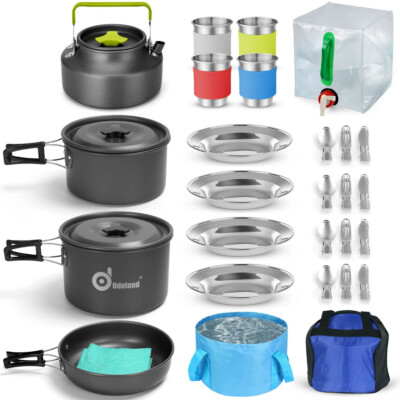 Odoland 29pcs Camping Cookware Mess Kit, Non-Stick Lightweight Pots Pan Kettle, 