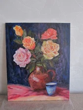 roses original oil painting, still life with roses, bouquet of roses in vase art