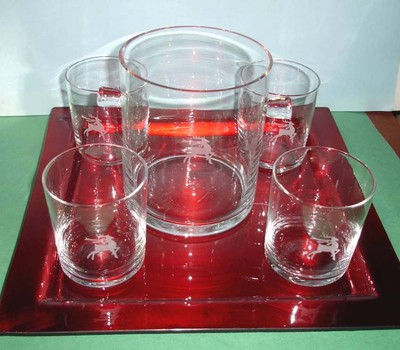 Gorham Reindeer Holiday Mixed Drink 6 PC. SET 4 DOF's Ice Bucket & Red Tray New